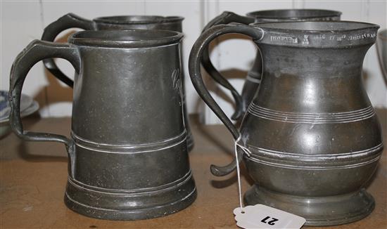 Pair late 18th / early 19th century pewter quart jugs & 2 similar pewter quart tankards